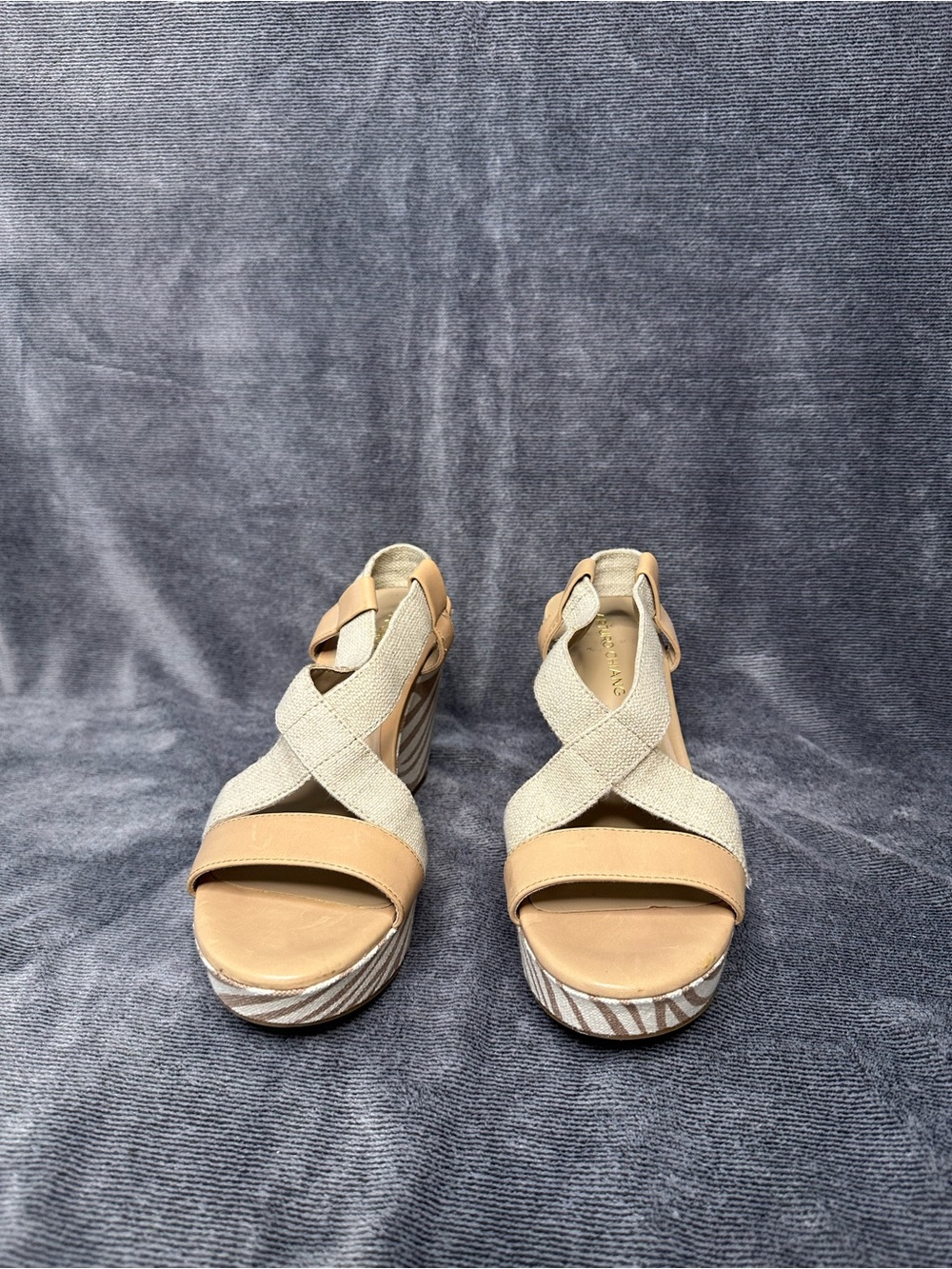 Arturo Chiang Beige and Cream Crisscross Wedge Sandals
